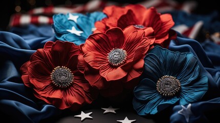 Red poppy flowers on background with Italy flag. Liberation day holiday.