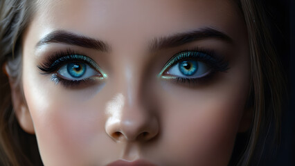 Fototapeta premium Close-up portrait of a beautiful young woman with blue eyes make-up.