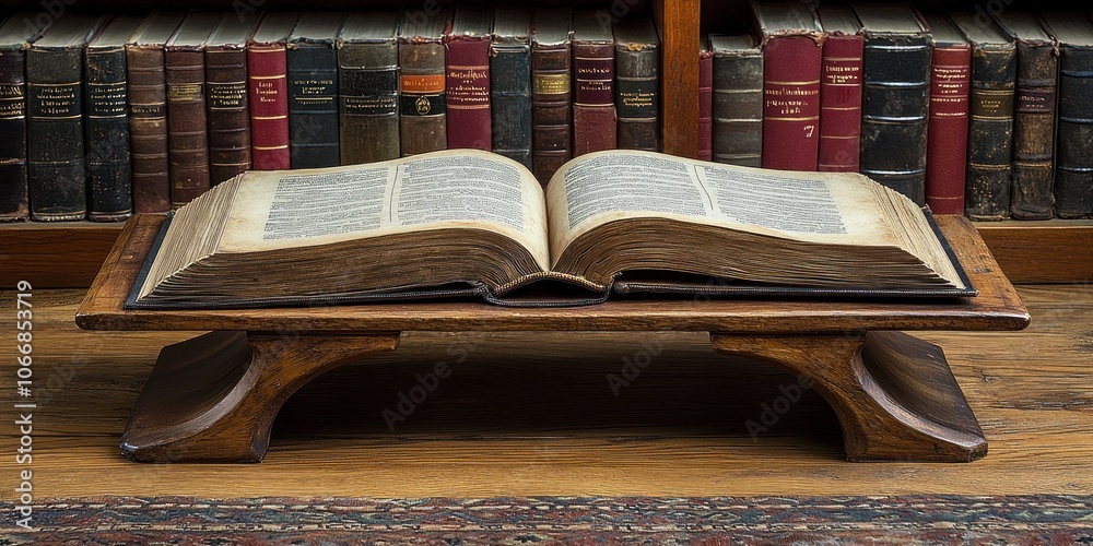 Aufkleber an open antique book resting on a wooden stand in front of a bookshelf