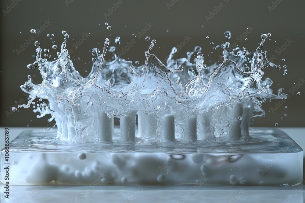 Poster water splashing and creating bubbles on a clear glass surface