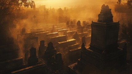 Rows of tombstones are visible in a large communal grave, enveloped in mist as the warm light of sunset casts an ethereal glow over the historic cemetery