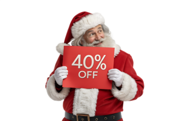 Santa claus christmas sale 40 percent off, isolated on transparent background.
