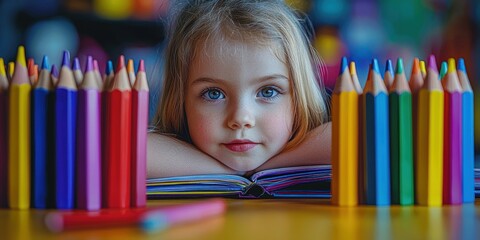 Young Girl Resting Chin on Book with Colorful Pencils