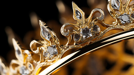 Intricate golden tiara adorned with sparkling jewels displayed against a dark background