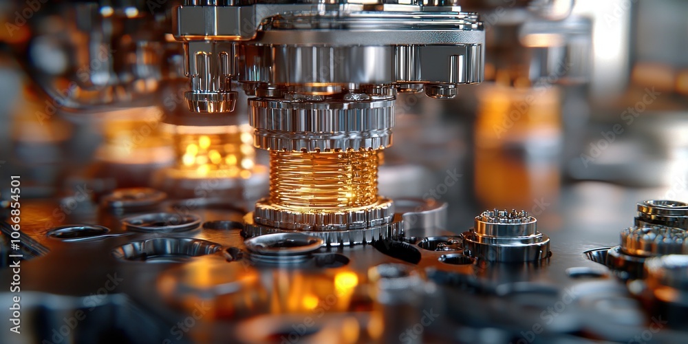 Poster Close-up of a Complex Machine with Illuminated Gears and Metallic Components