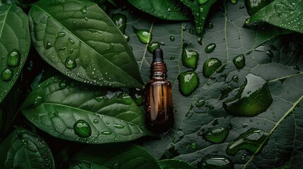 A bottle of essential oil on a wet leaf of a plant. Selective focus.