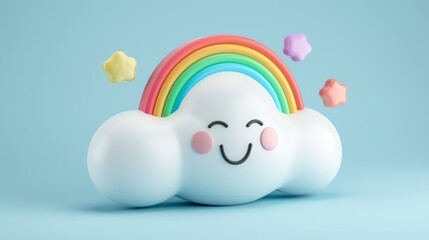 Obraz premium A 3D illustration of a smiling cloud with a rainbow and stars on a blue background.