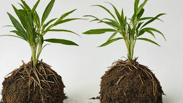 Two small plants with large root balls are growing on a white surface