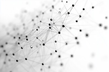 A minimalist black and white network of connected dots and lines on a blurred white background, symbolizing connectivity, structure, and modern digital communication in an abstract style