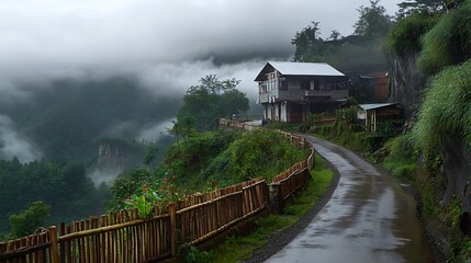 Fototapeta premium A winding small road beside a steep cliff with wooden fences, leading to a house tucked away in a forested mountain area. The day is rainy with white clouds in the sky.