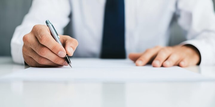 A professional writing with a pen on a blank paper, focused work environment.