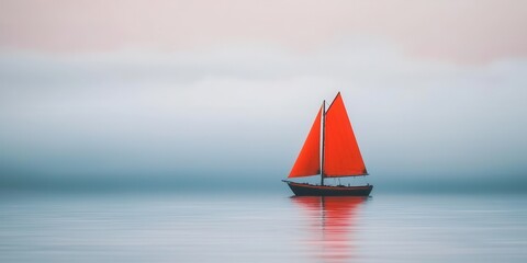 A serene sailing boat with red sails on calm waters under a misty sky.