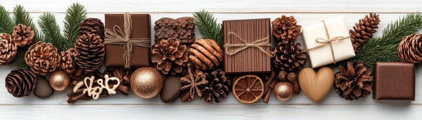 Festive Arrangement of Gifts and Natural Elements