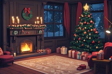 A cozy living room with a Christmas tree, gifts, and fireplace.