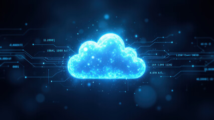 Blue cloud-shaped particle effect with a digital, cybernetic background.