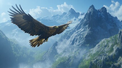 Fototapeta premium A golden eagle swoops down with its talons extended toward the rocky landscape, framed by steep mountains