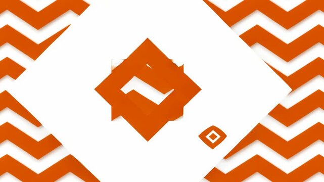 An orange logo with a white zig-zag design is centered on a white background with orange chevron patterns at the edges