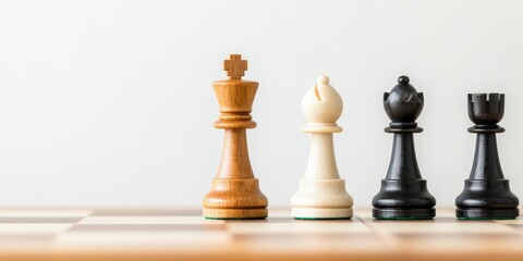 Chess pieces lined up on a chessboard against a white background.
