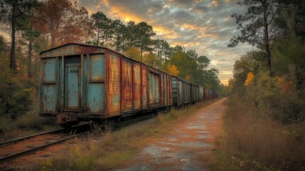 Obraz premium Rusty Train Cars on a Dirt Path Through a Forest