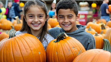 Two children smile while holding pumpkins at a fall festival