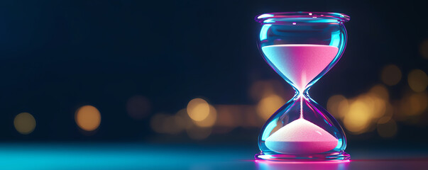 Close-up of a digital hourglass with illuminated sand grains, surrounded by neon bokeh lights, representing time management in a tech-driven world. space for text