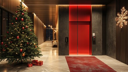 Modern Elevator doors of office or hotel hallway,holiday season decor with christmas tree,Lobby interior, corridor in house with lift,Black elegant lift for passenger or cargo elevators,copy space.
