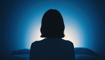 A silhouette of a person sits against a blue backdrop, evoking a sense of introspection and tranquility in a dimly lit space.