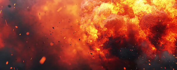 Explosive blast with detailed fiery colors, intense heat waves, flying sparks, realistic smoke effect, vibrant contrast, cinematic explosion scene.
