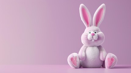 A fluffy, pink cartoon bunny sits on a purple background.