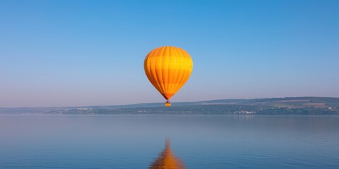 Colorful hot air balloon floating over serene water under clear blue sky
