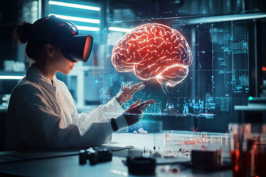 A scientist in a lab using a VR headset to interact with a 3D holographic model of a human brain, surrounded by data visualizations.
