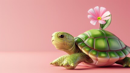 A cartoon turtle with a pink flower on its shell on a pink background.
