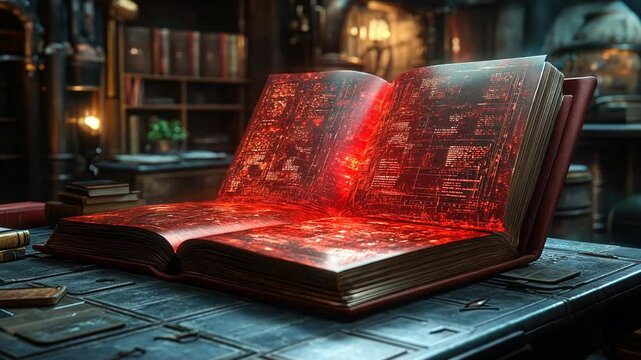A glowing book with red circuit board-like patterns on the pages