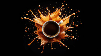 coffee cup surrounded by dynamic splash effect, creating vibrant scene