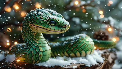 Fototapeta premium A green snake adorned with snow rests on a wooden log surrounded by festive lights in a winter forest setting