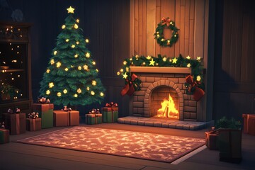 A festive Christmas room with a glowing tree, gifts, and a cozy fireplace.