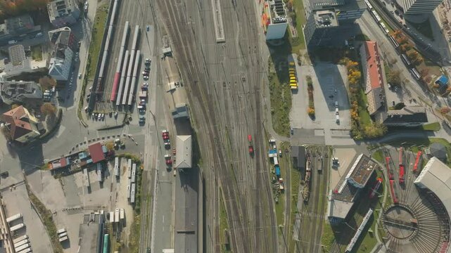 Salzburg, Austria. Aerial View of Central Transit Train Station and Railway, Revealing Cityscape on Sunny Autumn Morning