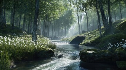 Obraz premium A woodland landscape featuring a flowing river