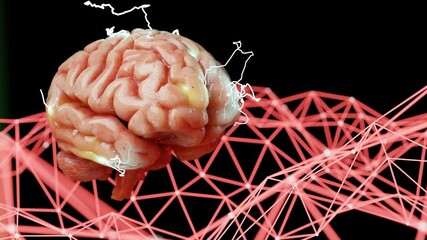 Human brain with neural electric activity sparks and red digital mesh grid on black background. 3D rendering illustration. Artificial intelligence, neural networks, and cognitive science concept. - Powered by Adobe