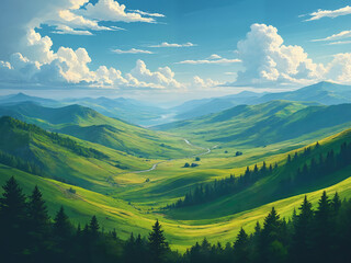 Obraz premium Generated illustration of a green lush valley landscape in the spring. Or summer.