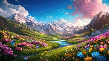 A serene landscape of vibrant wildflowers blooms alongside a softly flowing river embraced by gentle hills and majestic mountains