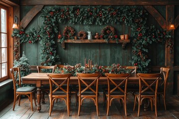 Rustic Dining Table Decorated with Evergreen Garland and Pine Cones