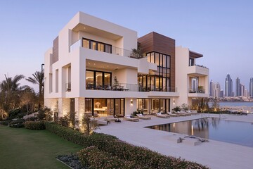 Fototapeta premium Modern Luxury Villa with Pool Overlooking Skyline at Dusk