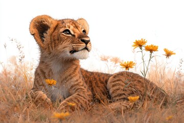 Obraz premium Playful Lion Cub in a Field of Flowers