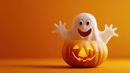 Cartoon ghost emerges from a Jack o lantern pumpkin against an orange backdrop Whimsical Halloween theme 3D rendered illustration