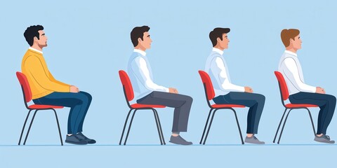 Four individuals sitting in chairs showcasing different postures and attire.