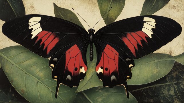Butterfly resting on a green leaf featuring Parides eurimedes and Mylotes cattleheart species