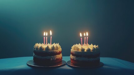 Birthday banner featuring two cakes adorned with lit candles and set against a blue studio backdrop