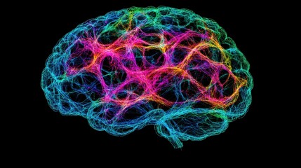 This artwork illustrates a man's brain crafted as a colorful network of neurons, showcasing the intricate connections and pathways that facilitate thought and communication within the mind