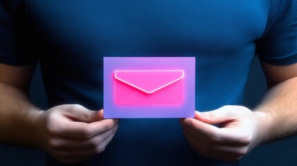 Neon Email Icon Held by Person in Dark Background